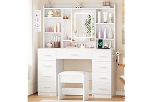 BEWISHOME Großer Schminktisch mit LED Beleuchtung und Steckdosen, Einstellbare Helligkeit, Frisiertisch mit Spiegel und Hocker, Modern Kosmetiktisch mit 9 Schubladen,7 offene Regale,Weiß EFST36W