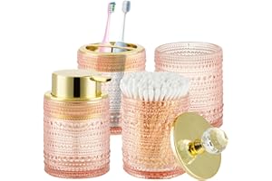 Nymblis Bathroom Accessory Set, 4Pcs Glass Bathroom Accessories Set of Soap Dispenser, Toothbrush Holder, Tumbler and Cotton Swab Jars, Luxury Decorations for Home Apartment, Vintage Gift