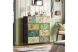 BRILVERDE Cassettiera con 9 cassetti, credenza bohemien con piano in legno e struttura in metallo, mobile TV con cassetti in tessuto, cassettiera per soggiorno camera da letto corridoio