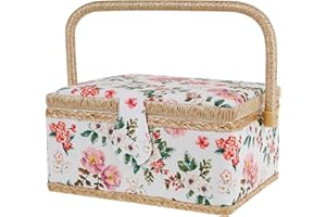 SHAOJIAN Sewing Basket with Removable Tray, Interior Pocket and Adjustable Handle, 24×17.5×13 cm Large Sewing Box Stylish Portable Sewing Kit Storage and Organizer Case for Needles Thread Tape Measure(flower)