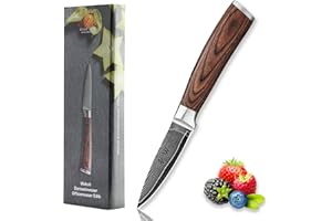 WAKOLI Edib Couteau d'office en Damas I Lame tranchante de 8,5 cm en acier damassé à 67 couches avec noyau VG10 et manche en bois de pakka I Couteau de cuisine professionnel & couteau damassé