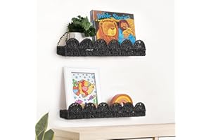 AELS Scalloped Nursery Bookshelf, Set of 2, Picture Ledge Shelf for Wall Decor, Woven Natural Fibre Floating Shelves for Books, Toys, Photo Frames, Nursery, Boho Modern Farmhouse Book Shelf, Black
