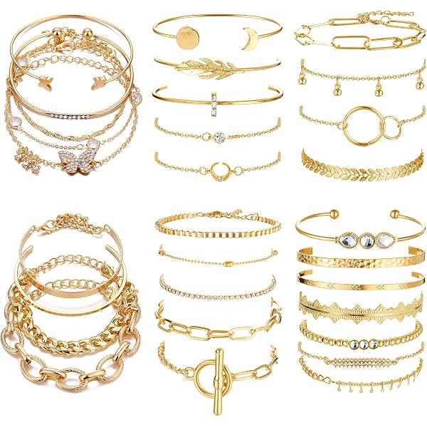 JeweBella 27 Pezzi Bracciale Donna Set Boemia Catena Layered Impilabile Aperto Polsino Bracciale Rigido Regolabile Bracciale Catena 14K Placcato Oro Braccialetti a Metallica