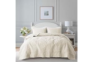 B2EVER Ivory Damask Quilt King Size Bedding Sets with 2 Pillow Shams, Cream Boho Bedspread Lightweight Soft Farmhouse Vintage Bohemian Coverlet Retro Jacquard Pattern Bed Cover for All Season, 3 Pieces