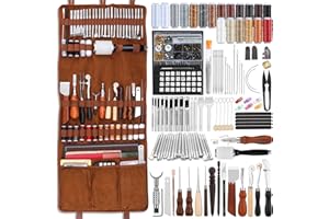 Benlay Set di attrezzi in pelle con borsa in pelle, utensili per artigianato in pelle con filo cerato, tappetino da taglio a bottone, utensili in pelle per lucidare pelle, cucito, intaglio e taglio