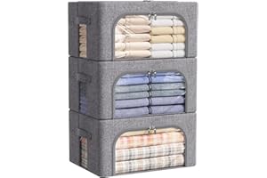 Lifewit 3 pezzi Scatole per Armadio Rigide con Cerniera, Organizzatore Armadio con Struttura in Metallo Pieghevole, Contenitori per Armadio Impilabili per Vestiti, Trapunte, Piumone, Grigio, 25L