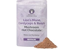 Merryhill Mushrooms - Lion's Mane, Cordyceps & Reishi Mushroom Hot Chocolate Powder Drink | Sleep, Focus, Energy | 1,000mg Mushrooms Per Serving | Vegan | No Added Sugar | 180g