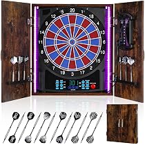 Jeu Fléchettes Électronique Avec Armoire Bois Rustique - 12 Fléchettes Bronze, 8 Couleurs LED, 50 Modes - Pour 8 Joueurs