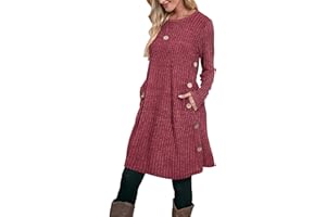 Aokosor Jumper Dress for Women Tunic Dress Ladies Long Sleeve Dress with Pockets Side Buttons Dress for Leggings