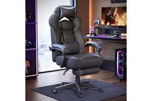 SONGMICS Chaise de Jeu, Chaise d'Ordinateur, Ergonomique, avec Repose-Pieds, Coussin de Tête Ajustable, Support Lombaire, Capacité de Charge de 150 kg, Noir OBG077B01