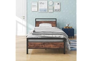 BOFENG 3ft Single Bed Frames Solid Bedstead Base with Wood Headboard,Heavy Duty Metal Platform Bed Frame No Box Spring Needed,Mattress Base/Metal Slat Support/Underbed Storage Space/Rustic Brown