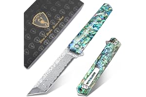 AUBEY Damast Taschenmesser klappmesser mit Clip, Scharf Tanto Messer mit Damaststahl Klinge, Abalone Muschel Griff, Messertasche, Einhandmesser für Männer Jagd Geschenk Sammeln
