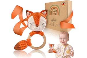 ARIASO® Babyrassel Gehäkelt Greifling Baby Beißring Holz gehäkelte Baby Rassel Geschenk zur Geburt für Junge und Mädchen Inkl. Geschenk Karte ab 0 Monate, (Fuchs)