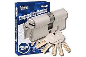GERCAR Pro Schließzylinder Profilzylinder 30/30 Massiver Doppelzylinder Zylinderschloss Türschloss - aus Messing Vernickelt - inkl. 5 Schlüssel - Wendeschlüssel - Länge: 60 mm, A:30 B:30-1x