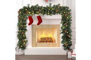 KIDKEN 1.8M/6FT Christmas Garland Fireplace Garlands Decorations with Lights,Christmas Wreath Red Berries and Pine Cones Xmas Garland for Stairs Door Xmas Tree Garden Yard Holiday Decor
