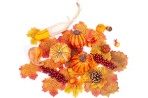 HAKACC Calabazas Artificiales, 19 Piezas de Frutas de Cosecha con 30 Piezas de Hojas de Arce Artificial Calabazas Artificiales Conos de Pino Bellota para Halloween Decoraciones de Acción de Gracias