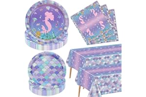 XJLANTTE Mermaid Party Decorations - 122Pcs Mermaid Party Tableware Set, Mermaid Scale Theme Tablecloth, Mermaid Plates and Napkins for Under the Sea Ocean Little Mermaid Birthday Party Supplies, Serves 40