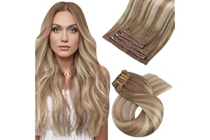Moresoo Extension Cheveux Naturel Ombre Blond 30 cm Extension Clip Cheveux Humains Balayage Châtain Clair Extension Cheveux Clip Brun Clair à Blond Moyen avec Brun Clair 5 Pièces/80g #8/22/8