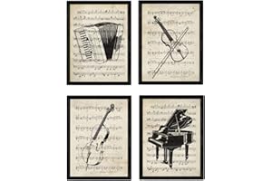 Nacnic Ensemble de 4 feuilles Encyclopédie Vintage avec des instruments et des partitions de musique. Piano, violon, violoncelle, accordéon. Musique classique. format A4. Avec Marco.