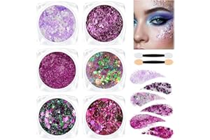 AOOWU Gel de Purpurina, 6 Piezas Brillantes para la Cara, Gel Corporal con Purpurina para Rostro y Cuerpo, Autoadhesivo, Carnaval Glitter Maquillaje para Festival, Mascarada y Fiesta (Púrpura)