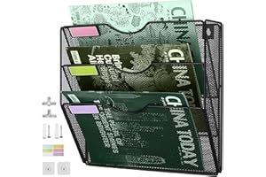 IOUGDSEC 3 Tier Mesh Hanging File Organizer Vertical Wall File Organizer Wall File Holder for Office School Home, Nametag Label Hooks Set Included