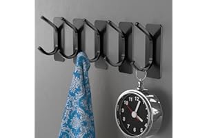 Homephix Self Adhesive Hooks, Stainless Steel Stick on Hooks Heavy Duty, Rust Proof Wall Hooks Stick on, Sticky Hooks Extra Strong for Kitchen, Bathroom and Bedroom (Black-5P)…