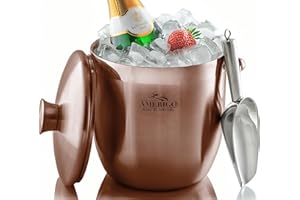Amerigo Exklusiver Isolierter Eiseimer - Gut gemachter doppelwandiger Eiswürfelbehälter mit Deckel - 3 Liter Eiskübel Edelstahl für Partys mit Deckel, Sieb, Eiszange + Eisschaufel - Eiskühler