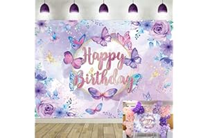 BINQOO 2,1 x 1,5 m Lila Schmetterling Blumen Geburtstag Backdrop Wonderland Schmetterling Küsse Gold Glitter Floral Hintergrund Mädchen 1. Baby Dusche Party Fotografie Zubehör