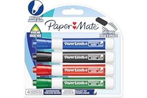 PAPER MATE Papermate Pennarelli per Lavagna Quasi Inodore, Punta a Proiettile, Colori Assortiti, 4 Pezzi