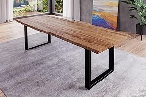 BETT11 SAM B-Ware Baumkantentisch 260x100cm Barney, Sheesham-Holz naturbelassen, Esstisch mit echter Baumkante, massiver Esszimmertisch mit U-Gestell Mattschwarz, Tischplatte 35mm