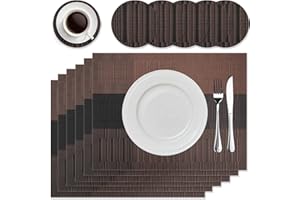 HEYOMART Placemats and Coasters Sets of 6, PVC Vinyl Table Mats Non-Slip Heat Resistant Washable Dinner Mats Place Mats for Kitchen Dining Table Home Restaurant, Coffee