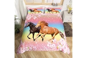 LOUSSIESD Set di biancheria da letto cavallo, con motivo floreale rosa, per bambini al galoppo e fiori di cavallo di fattoria e biancheria da letto singolo con fiori di ciliegio e biancheria da letto singolo