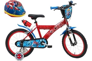 A.T.L.A.S. Vélo Enfant 16'' Spiderman/Marvel équipé de 2 Freins, Plaque Avant décorative, bidon arrière et Casque Spiderman Inclus !