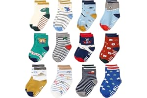Yafane 12 Pares de Calcetines Antideslizantes para Niños Niñas Recien Nacido Unisex Pequeños Algodón Lindo con Puños Calcetines Antideslizantes para Bebés