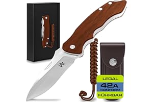 ‎WOLFGANGS Wolfgangs FEROX Zweihandmesser Klappmesser aus feinstem D2 Stahl und Ebenholz-Griff - Legale mitführbares Taschenmesser Klappmesser - Outdoor Survival Messer - Klappmesser Outdoor + Leder Holster