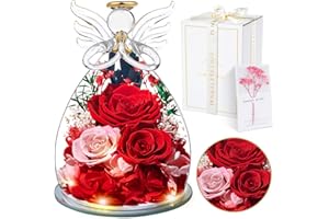 TOULOUBE Rosa Stabilizzata Vera Regalo Natale, Regalo Donna, Rosa Rosso Eterna con Angelo di Vetro per Mamma, Idee Fiore Regalo Anniversario Regalo San Valentino Festa della Mamma per Lei Nonna Fidanzata