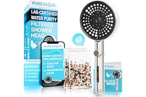 PURE AQUA FEEL FRESH, LIVE PURE PUREAQUA 5 Stage Filtered Shower Head (X2 Power - Higher Filtration) | Shower Filter Hard Water UK (Soothe Skin & Hair) | 3 Lux Spray Settings | High Pressure Shower Heads | Water Softener Shower Head