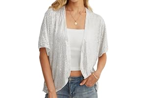 QIXING Women's Sequin Sparkle Lightweight Short Sleeve Cardigan Casual Party Clubwear Cover Up Glitter Shrug Sequin Jacket
