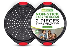 NutriChef 2-Pc. Non Stick Pizza Tray - with Silicone Handle, Round Steel Non-Stick Pan with Perforated Holes, Dishwasher Safe, Pizza Tray with Silicone and Oversized Handle, PFOA, PFOS, PTFE Free