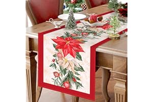 FRIGG Bieżnik na stół na Boże Narodzenie 230x33 cm, czerwony, nowoczesne dekoracje świąteczne z kwiatami, lniany bieżnik na stół na Boże Narodzenie na święta, dekoracja stołu jadalnego, salonu, kuchni