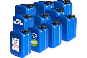 plasteo® 10 bidones de 5 litros con cierre de seguridad (DIN 51), apto para alimentos, portátil, apilable y estable, calidad pesada, resistente y duradera, para interior y exterior, sin BPA, color