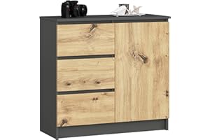 ‎AKORD AKORD Kommode K-80 Jerry mit 3 Schubladen | Schrank mit 2 Einlegeböden und 1 Tür | Für das Wohnzimmer Schlafzimmer | Moderne | 16mm Laminierte Platte | 80x77x35 cm | Graphitgrau + Eiche Artisan Front