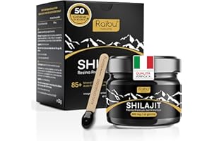 RAIBU Shilajit Himalayano Puro - Resina di Shilajit con 85+ Oligominerali e Acido Fulvico - Alta Potenza, 600 mg per dose giornaliera - Naturale, Vegano e Senza Aditivi