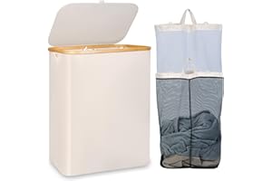 iEGrow Wäschekorb150L XL-Extra Groß 2 Fächer Wäschesammler mit Bambusgriff und Deckel, Laundry Baskets, Wäschekörbe für Waschküche, Schlafzimmer, Badezimmer (Beige)