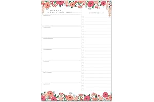 Sweetzer & Orange Planificador de Comidas - Bloc de Notas Diseño Floral - Organizador Semanal/Diario de Comida - Lista Compra, 2 Imanes para Colgar en la Puerta del Refrigerador - 17x25cm, 52 Hojas