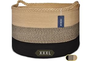 COMSE Extra Large Blanket Basket, Woven Laundry Basket, 55 x 35 CM, Nursery Hamper, Cotton Rope Laundry Hamper Living Room for Storage Toys Clothes Towels, Brown/Black