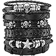 MILAKOO 6Pcs Black Braided Leather Bracelet for Men Women Punk Skull Bracelet Rock