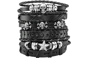 MILAKOO Braccialetto in pelle intrecciata marrone per uomo Donna Punk Star Skull Bracelet Rock