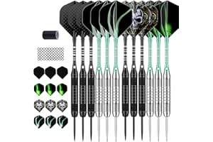 DARTSPACE 12 Pack Steel Tip Darts Set 22 24 Grams, Metal Tip Darts with Premium Black Blue Purple Darts Stem 24 Flights Extra 50 Rubber O-Rings 1 Dart Sharpener for Dart Board