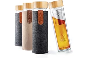 REFYLL Teeflasche mit Filter “teaFyll” 450ml I Teeflasche mit Sieb to Go 0,5l für warmen & kalten Tee I Doppelwandige Glasflasche aus Borosilikatglas + Fruchteinsatz für Eistee & Infused Water